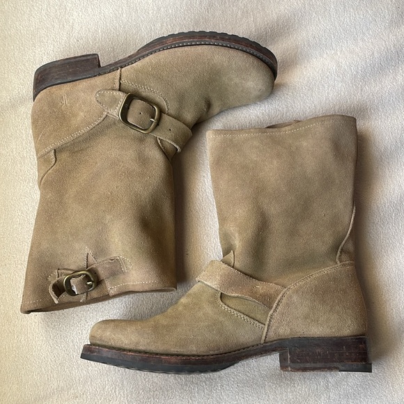 FRYE Veronica Taupe Suede Buckle Boots Size 7 - Picture 3 of 12